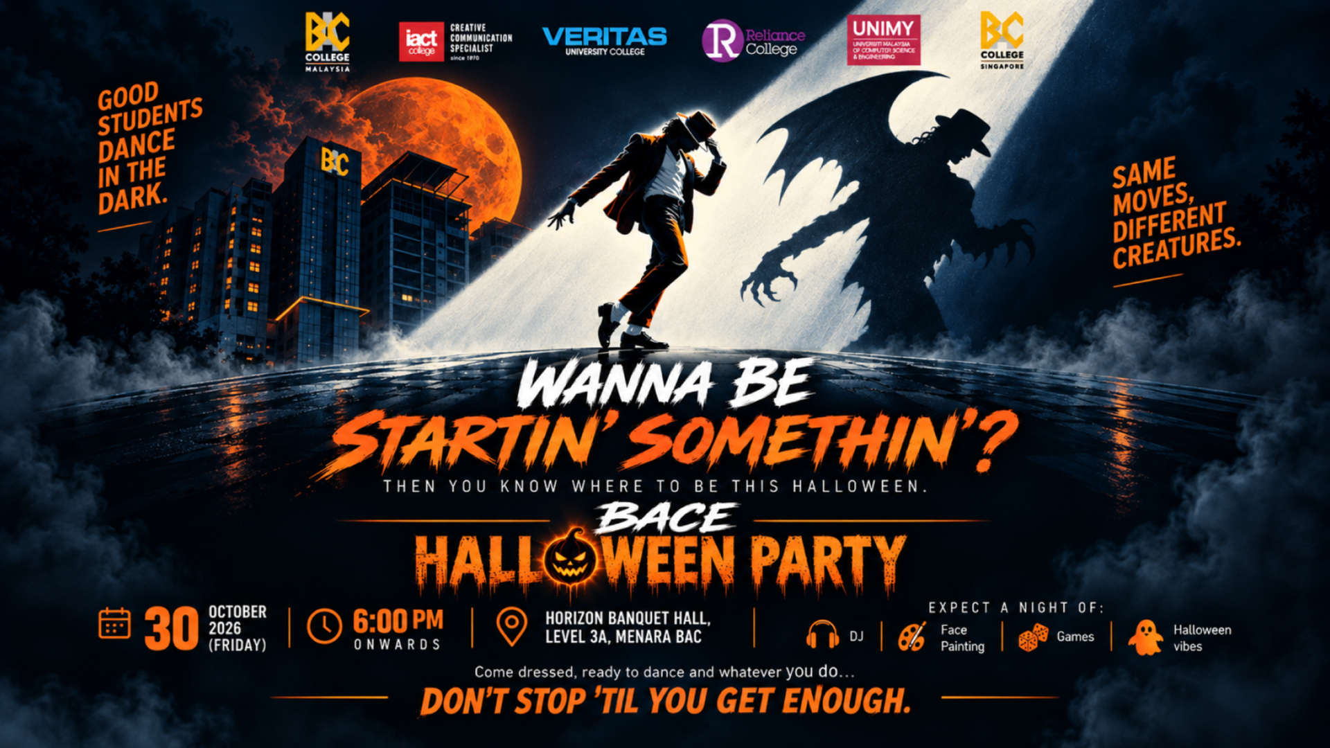 BACE Halloween Party 2026 poster: wanna be startin’ somethin’?