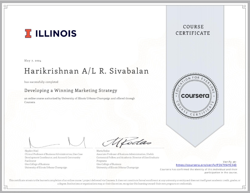 Coursera certificate of completion for the UK Transfer Degree Programme (Business)