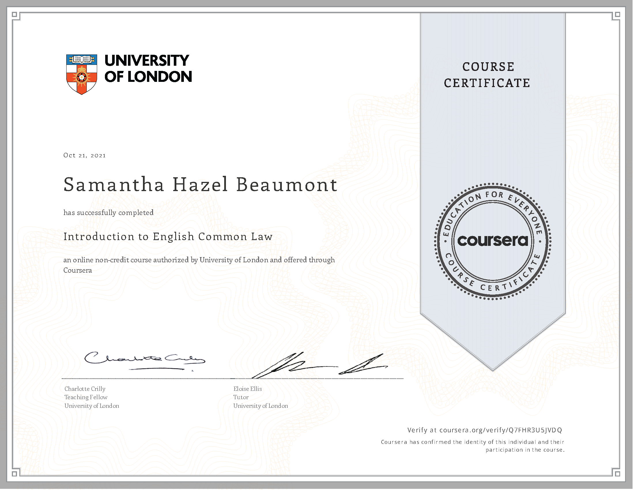 Coursera certificate for English Common Law, UK Transfer Degree Programme (Law)